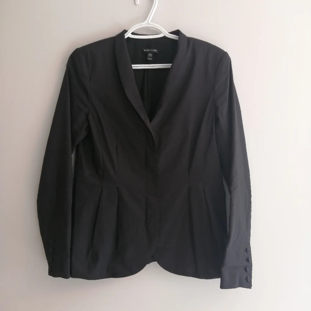 Eileen Fisher Ramie Pleated Zip Up Blazer Jacket Black Peplum Back Size XS - Picture 2 of 15